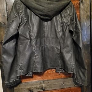 Faux leather jacket with removable hood.